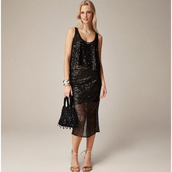 J.Crew Collection Sequin Midi Skirt Black Sheer Party Cocktail Glam US 4 NWT - Picture 1 of 16